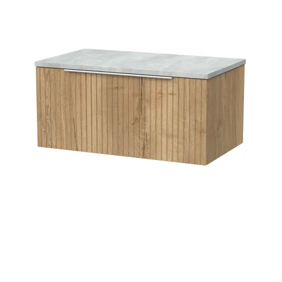 nuie lux Flume 800mm Autumn Oak 1 Drawer Wall Hung Vanity Unit With Bellato Grey Worktop