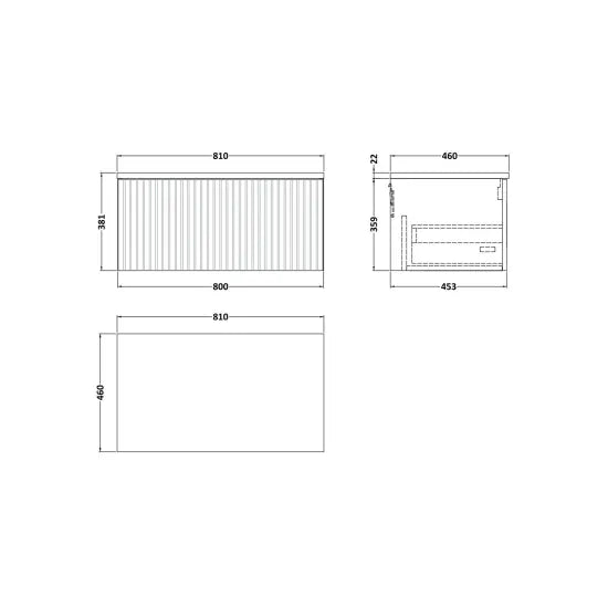nuie lux Flume 800mm Autumn Oak 1 Drawer Wall Hung Vanity Unit With Bellato Grey Worktop