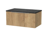nuie lux Flume 800mm Autumn Oak 1 Drawer Wall Hung Vanity Unit With Black Pietra Marble Laminate Worktop