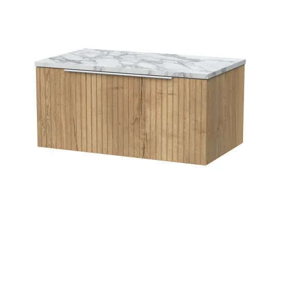nuie lux Flume 800mm Autumn Oak 1 Drawer Wall Hung Vanity Unit With Carrara Laminate Worktop
