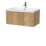 nuie lux Flume 800mm Autumn Oak 1 Drawer Wall Hung Vanity Unit With 1 Tap Hole Fireclay Basin