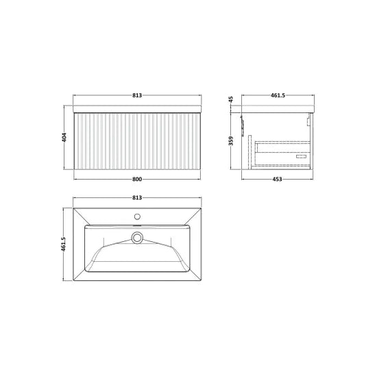 nuie lux Flume 800mm Autumn Oak 1 Drawer Wall Hung Vanity Unit With 1 Tap Hole Fireclay Basin