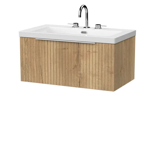 nuie lux Flume 800mm Autumn Oak 1 Drawer Wall Hung Vanity Unit With 3 Tap Holes Fireclay Basin