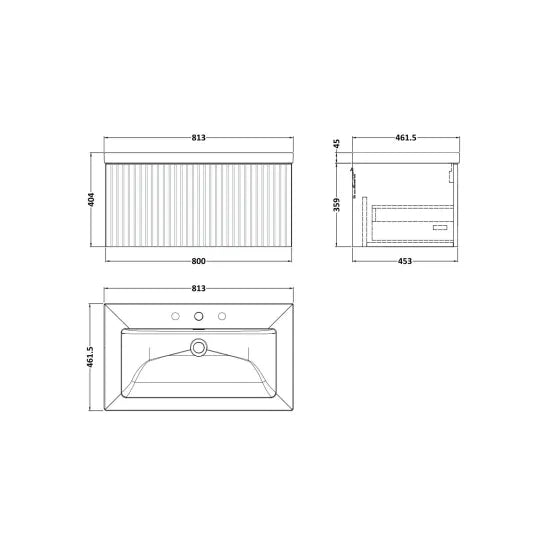 nuie lux Flume 800mm Autumn Oak 1 Drawer Wall Hung Vanity Unit With 3 Tap Holes Fireclay Basin