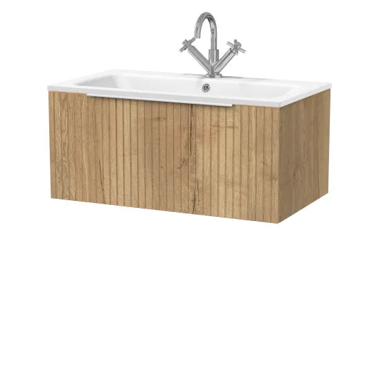 nuie lux Flume Autumn Oak 800mm Wall Hung 1-Drawer Unit & Stone Basin 1TH