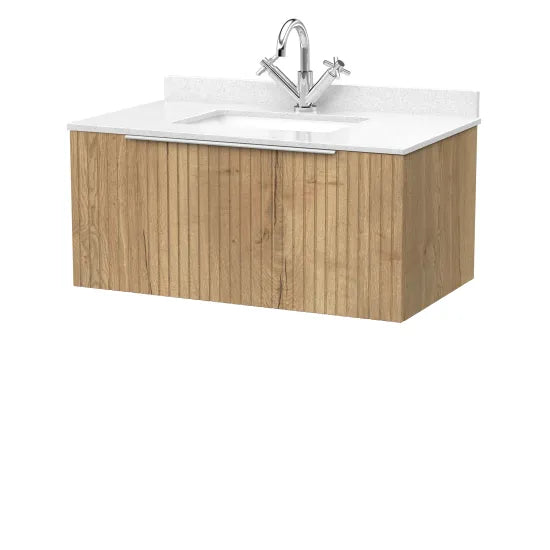 nuie lux Flume 800mm Autumn Oak 1 Drawer Wall Hung Vanity Unit With 1 Tap Hole Marble Worktop