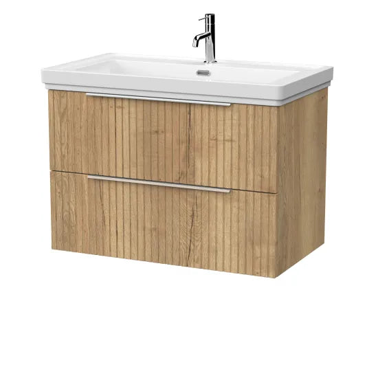 nuie lux Flume 800mm Autumn Oak 2 Drawer Wall Hung Vanity Unit With 1 Tap Hole Fireclay Basin With Ceramic Basin