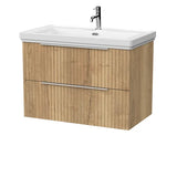 nuie lux Flume 800mm Autumn Oak 2 Drawer Wall Hung Vanity Unit With 1 Tap Hole Fireclay Basin With Ceramic Basin