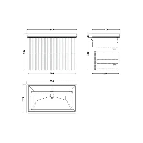 nuie lux Flume 800mm Autumn Oak 2 Drawer Wall Hung Vanity Unit With 1 Tap Hole Fireclay Basin With Ceramic Basin