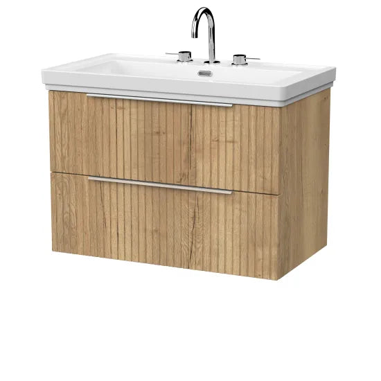 nuie lux Flume 800mm Autumn Oak 2 Drawer Wall Hung Vanity Unit With 3 Tap Holes Fireclay Basin