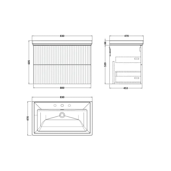 nuie lux Flume 800mm Autumn Oak 2 Drawer Wall Hung Vanity Unit With 3 Tap Holes Fireclay Basin