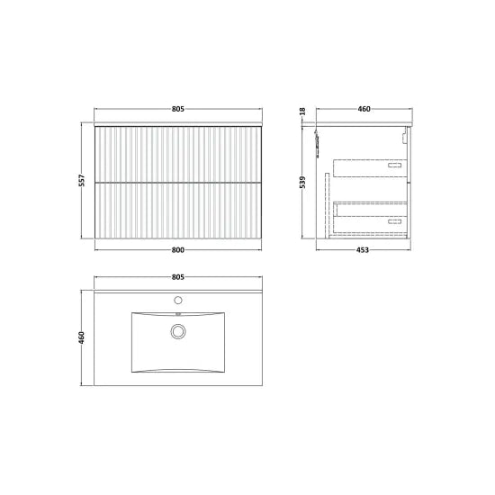 nuie lux Flume 800mm Autumn Oak 2 Drawer Wall Hung Vanity Unit With 1 Tap Hole Basin With Worktop