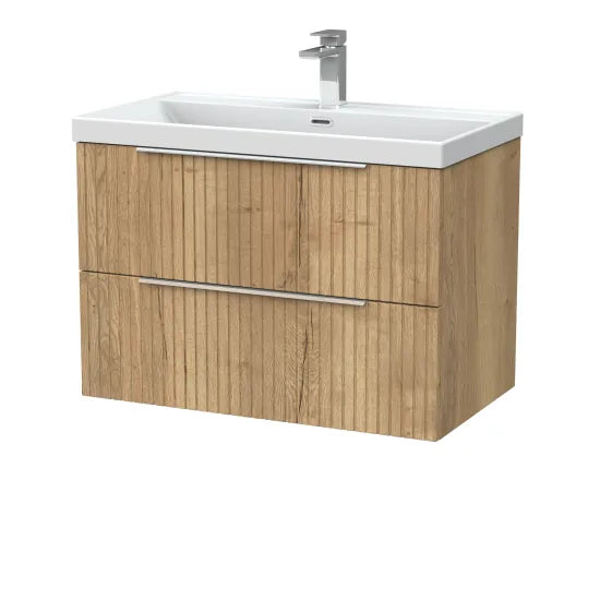 nuie lux Flume 800mm Autumn Oak 2 Drawer Wall Hung Vanity Unit With 1 Tap Hole Basin