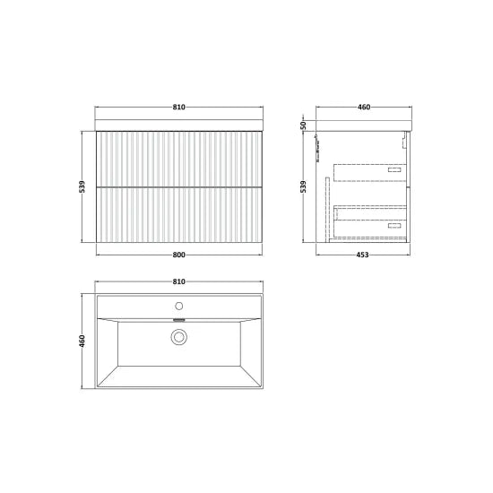 nuie lux Flume 800mm Autumn Oak 2 Drawer Wall Hung Vanity Unit With 1 Tap Hole Basin