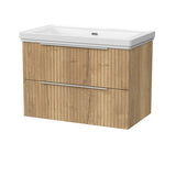 nuie lux Flume 800mm Autumn Oak 2 Drawer Wall Hung Vanity Unit With Fireclay Basin