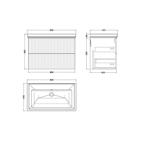 nuie lux Flume 800mm Autumn Oak 2 Drawer Wall Hung Vanity Unit With Fireclay Basin