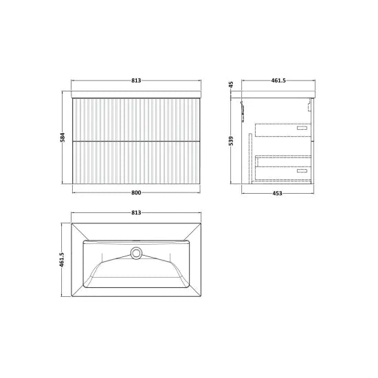 nuie lux Flume 800mm Autumn Oak 2 Drawer Wall Hung Vanity Unit With Fireclay Square Basin