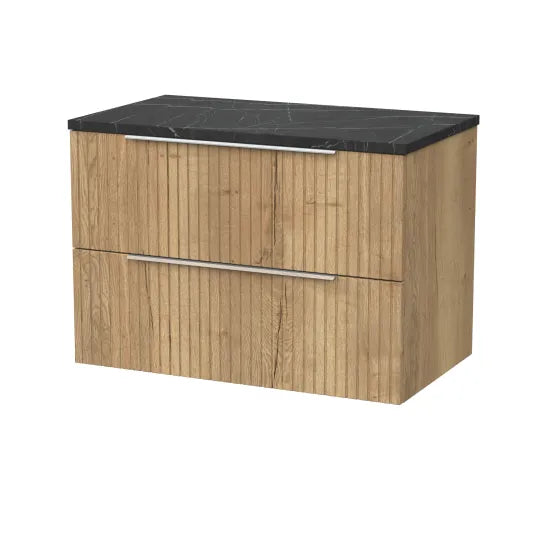 nuie lux Flume 800mm Autumn Oak 2 Drawer Wall Hung Vanity Unit With Black Pietra Marble Laminate Worktop