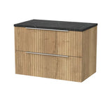 nuie lux Flume 800mm Autumn Oak 2 Drawer Wall Hung Vanity Unit With Black Pietra Marble Laminate Worktop
