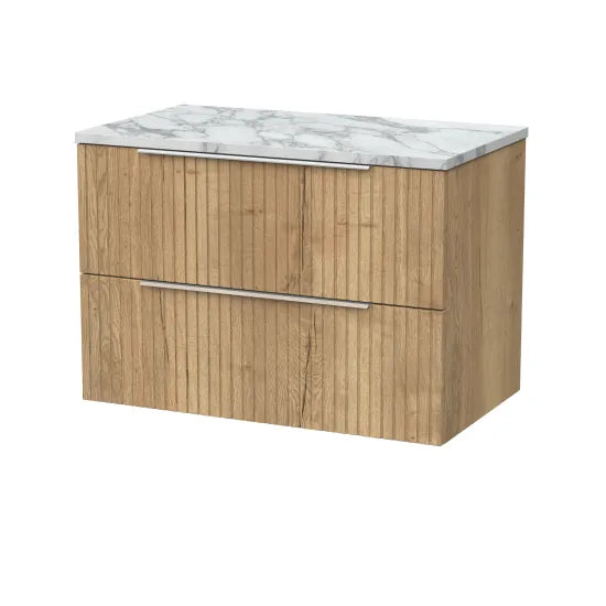 nuie lux Flume 800mm Autumn Oak 2 Drawer Wall Hung Vanity Unit With Carrara Laminate Worktop