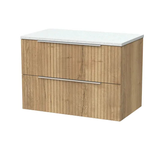 nuie lux Flume 800mm Autumn Oak 2 Drawer Wall Hung Vanity Unit With White Matt Nebula Worktop