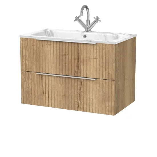 nuie lux Flume Autumn Oak 800mm Wall Hung 2-Drawer Unit & Stone Basin 1TH