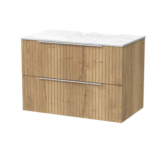 nuie lux Flume 800mm Autumn Oak 2 Drawer Wall Hung Vanity Unit With White Marble Worktop
