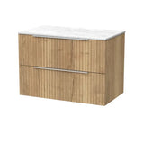 nuie lux Flume 800mm Autumn Oak 2 Drawer Wall Hung Vanity Unit With White Marble Worktop