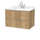 nuie lux Flume 800mm Autumn Oak 2 Drawer Wall Hung Vanity Unit With 1 Tap Hole Marble Worktop