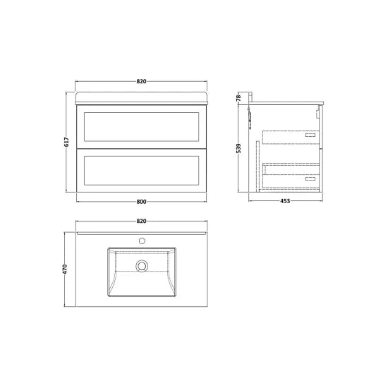 nuie lux Flume 800mm Autumn Oak 2 Drawer Wall Hung Vanity Unit With 1 Tap Hole Marble Worktop