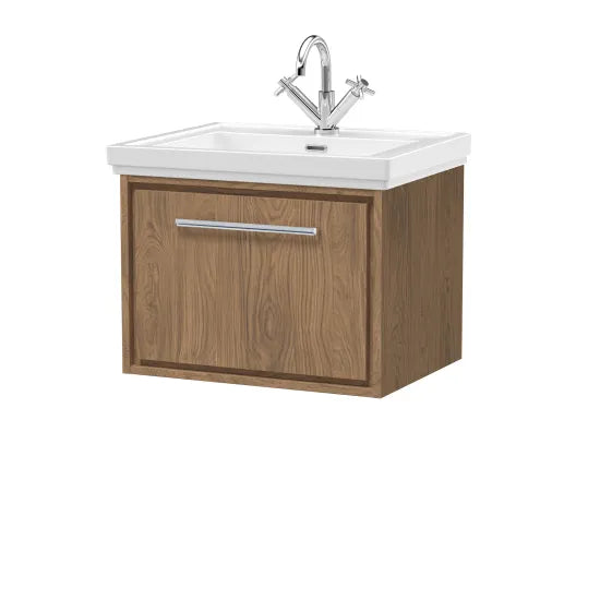 Hudson Reed Lille Antique Oak 1 Drawer Wall Hung Vanity Unit With 1 Tap Hole Fireclay Basin