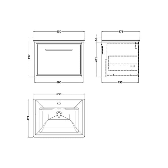 Hudson Reed Lille Antique Oak 1 Drawer Wall Hung Vanity Unit With 1 Tap Hole Fireclay Basin