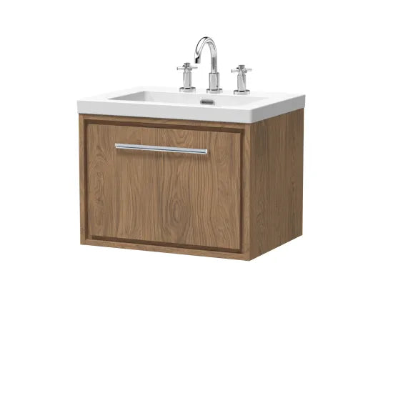 Hudson Reed Lille Antique Oak 1 Drawer Wall Hung Vanity Unit With 3 Tap Holes Fireclay Basin