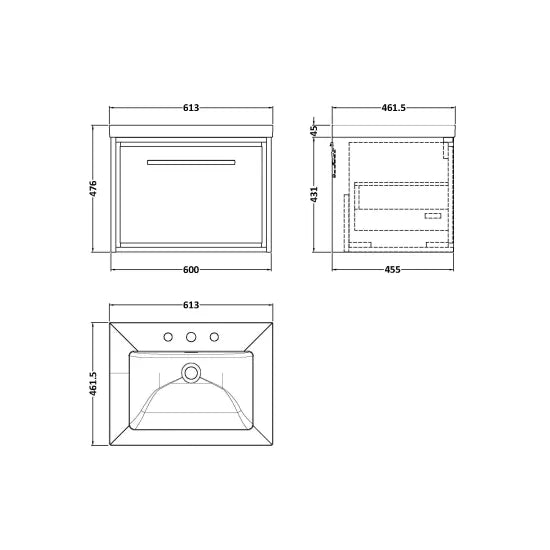 Hudson Reed Lille Antique Oak 1 Drawer Wall Hung Vanity Unit With 3 Tap Holes Fireclay Basin