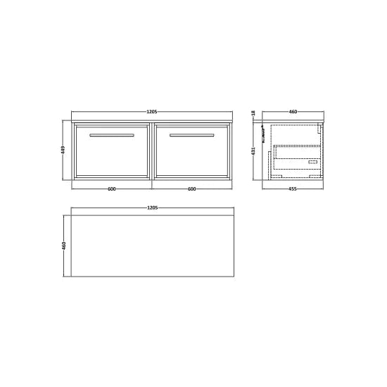 Hudson Reed Lille 605mm Antique Oak 2 Drawer Wall Hung Vanity Unit With Co-ordinating Worktop