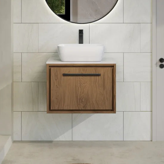 Hudson Reed Lille 600mm Antique Oak 1 Drawer Wall Hung Vanity Unit With White Marble Worktop