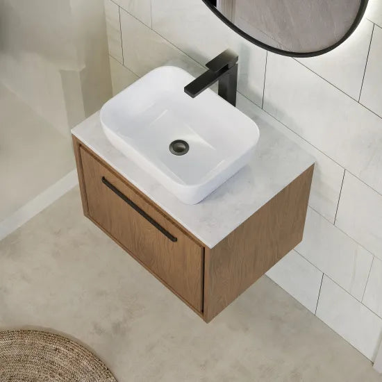 Hudson Reed Lille 600mm Antique Oak 1 Drawer Wall Hung Vanity Unit With White Marble Worktop