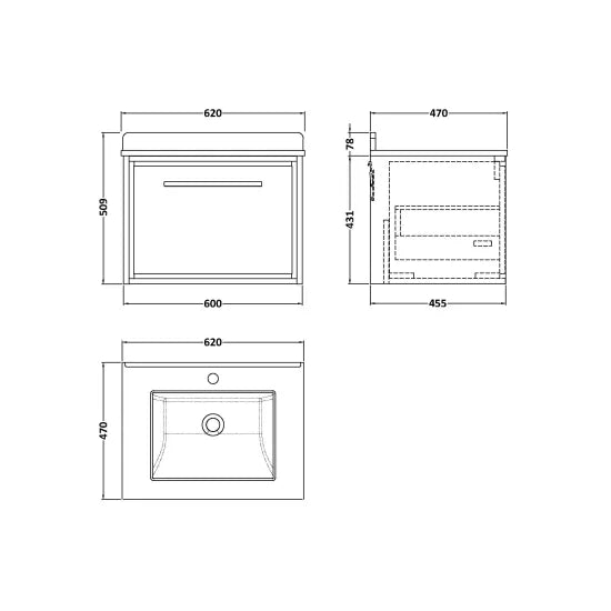 Hudson Reed Lille 600mm Antique Oak 1 Drawer Wall Hung Vanity Unit With Square Basin With Marble Worktop