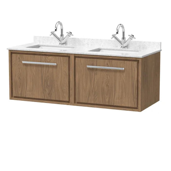 Hudson Reed Lille 1200mm Antique Oak 2 Drawer Wall Hung Vanity With Twin Marble Basin