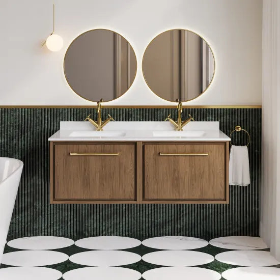 Hudson Reed Lille 1200mm Antique Oak 2 Drawer Wall Hung Vanity With Twin Marble Basin