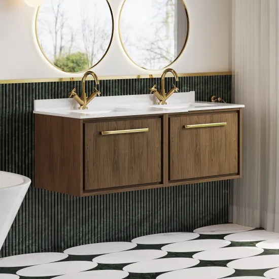 Hudson Reed Lille 1200mm Antique Oak 2 Drawer Wall Hung Vanity With Twin Marble Basin