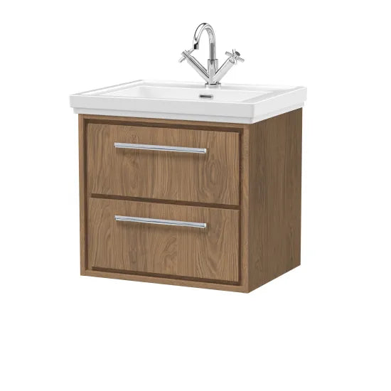 Hudson Reed Lille 600mm Antique Oak 2 Drawer Wall Hung Vanity Unit With 1 Tap Hole Fireclay Basin