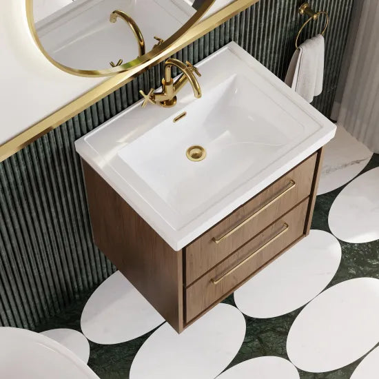 Hudson Reed Lille 600mm Antique Oak 2 Drawer Wall Hung Vanity Unit With 1 Tap Hole Fireclay Basin