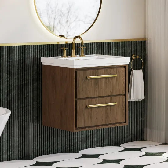 Hudson Reed Lille 600mm Antique Oak 2 Drawer Wall Hung Vanity Unit With 3 Tap Holes Fireclay Basin