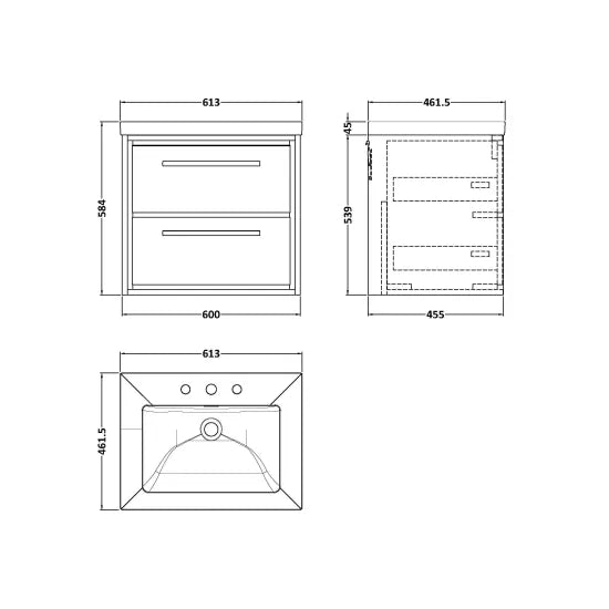 Hudson Reed Lille 600mm Antique Oak 2 Drawer Wall Hung Vanity Unit With 3 Tap Holes Fireclay Basin