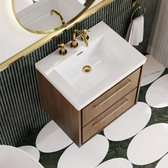 Hudson Reed Lille 600mm Antique Oak 2 Drawer Wall Hung Vanity Unit With 3 Tap Holes Fireclay Basin