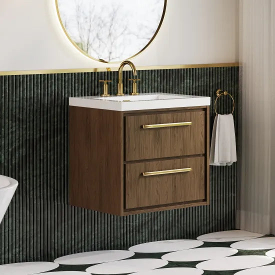 Hudson Reed Lille 600mm Antique Oak 2 Drawer Wall Hung Vanity Unit With 3 Tap Holes Fireclay Basin