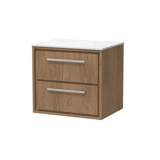 Hudson Reed Lille Antique Oak 2 Drawer Wall Hung Vanity Unit With White Marble Worktop