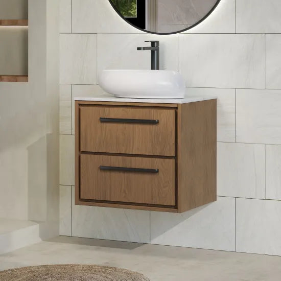 Hudson Reed Lille Antique Oak 2 Drawer Wall Hung Vanity Unit With White Marble Worktop