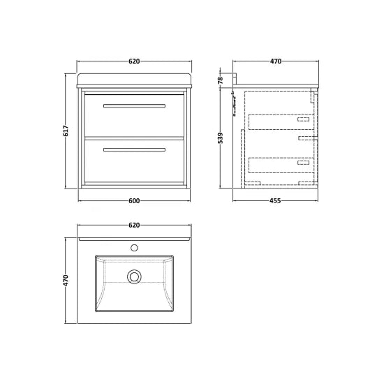 Hudson Reed Lille 600mm Antique Oak 2 Drawer Wall Hung Vanity Unit With Square Basin With Marble Worktop
